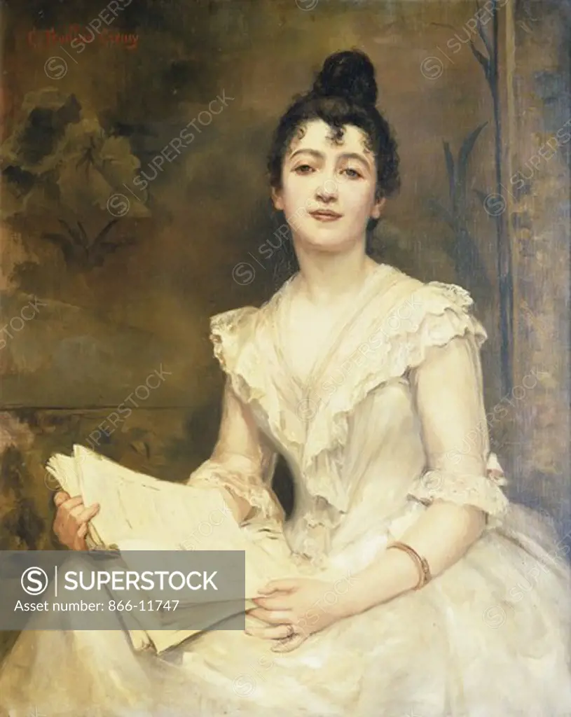 Portrait of a Lady in a White Dress, Reading a Music Score. Caroline Feuillas-Creusy (b. 1861). Oil on canvas. 110.4 x 81.4cm.