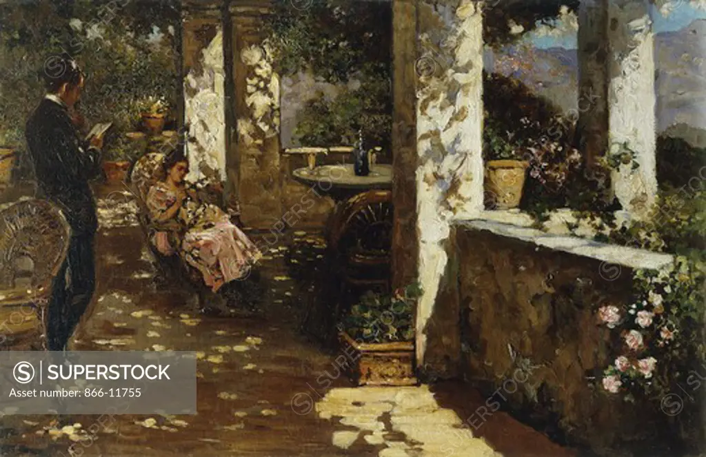 Resting on the Terrace. Luigi Rossi (1853-1923). Oil on canvas. 45 x 70.2cm.