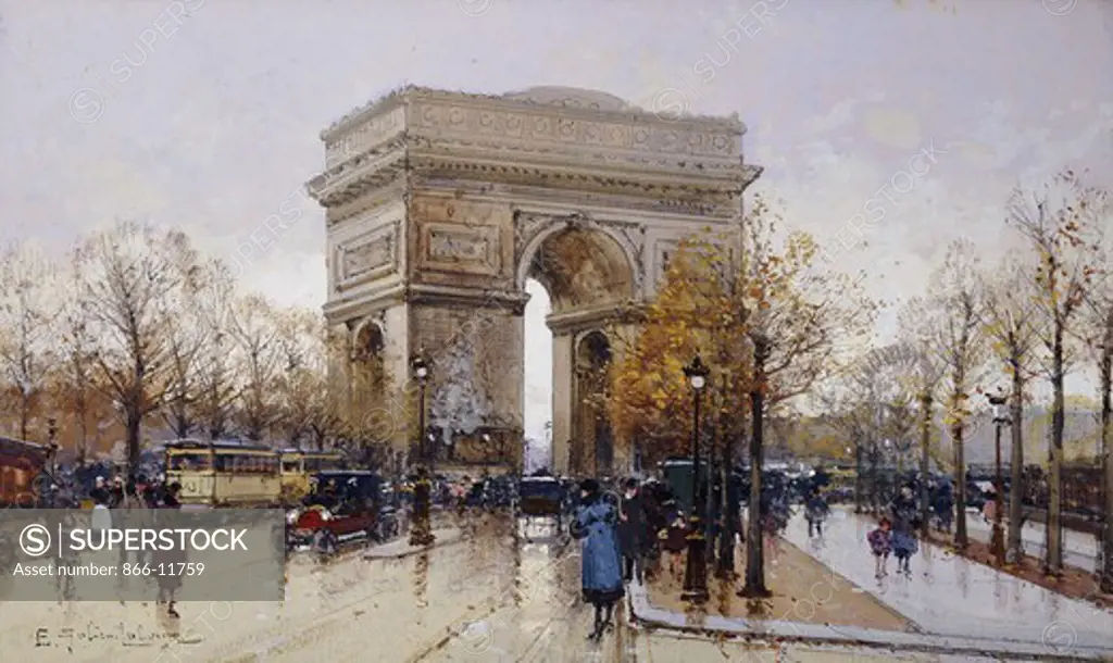 L'Arc de Triomphe, Paris. Eugene Galien-Laloue (1854-1941). Black chalk and bodycolour. 20.3 x 33.2cm.