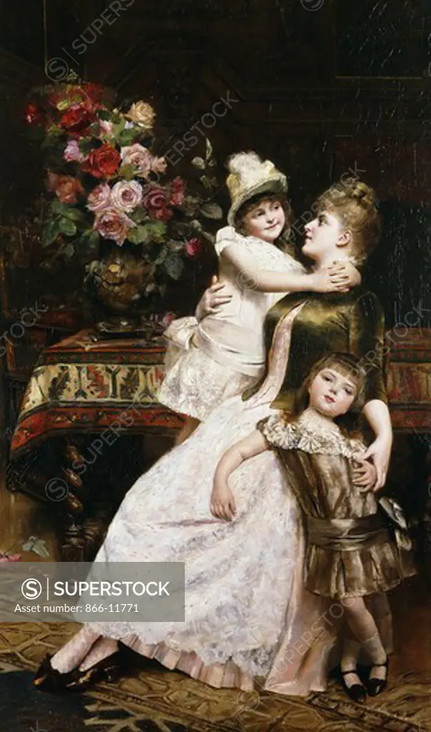 Maternal Bliss; Bonheur Maternel. Georges van den Bos (1835-1911). Oil on canvas. 118 x 71cm