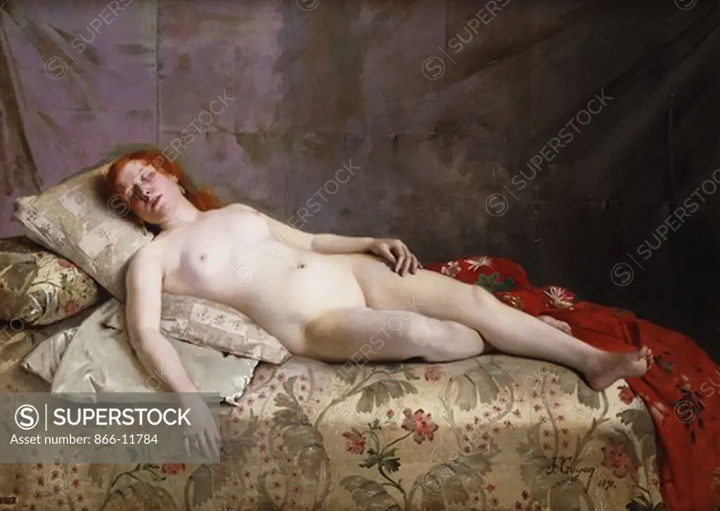 A Reclining Nude. Jeanne Bordes Guyon (late 19th century d. 1903). Oil on canvas. Dated 1891. 140 x 200cm