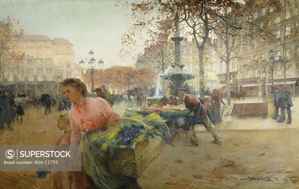 Place du Theatre Francais, Paris. Eugene Galien-Laloue (1854-1941). Oil on canvas. Signed & dated Paris 1902. 89 x 137cm.
