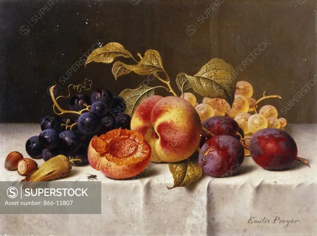 Grapes, Peaches, Plums and Nuts on a Draped Table. Emilie Preyer (1849-1930). Oil on canvas. 21 x 28cm