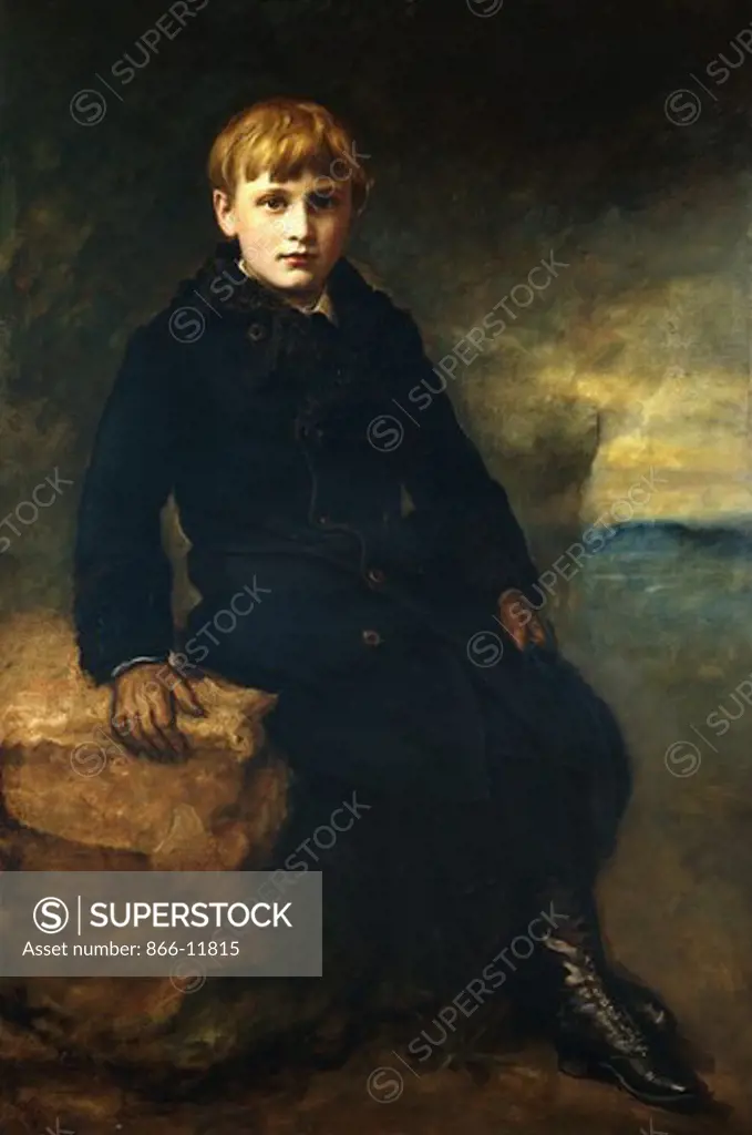 Portrait of Cecil Webb, seated full length, wearing a Black Coat with a Fur Collar.  Sir John Everett Millais (1829-1896). Oil on canvas. Signed and dated 1887. 123.5 x 83cm