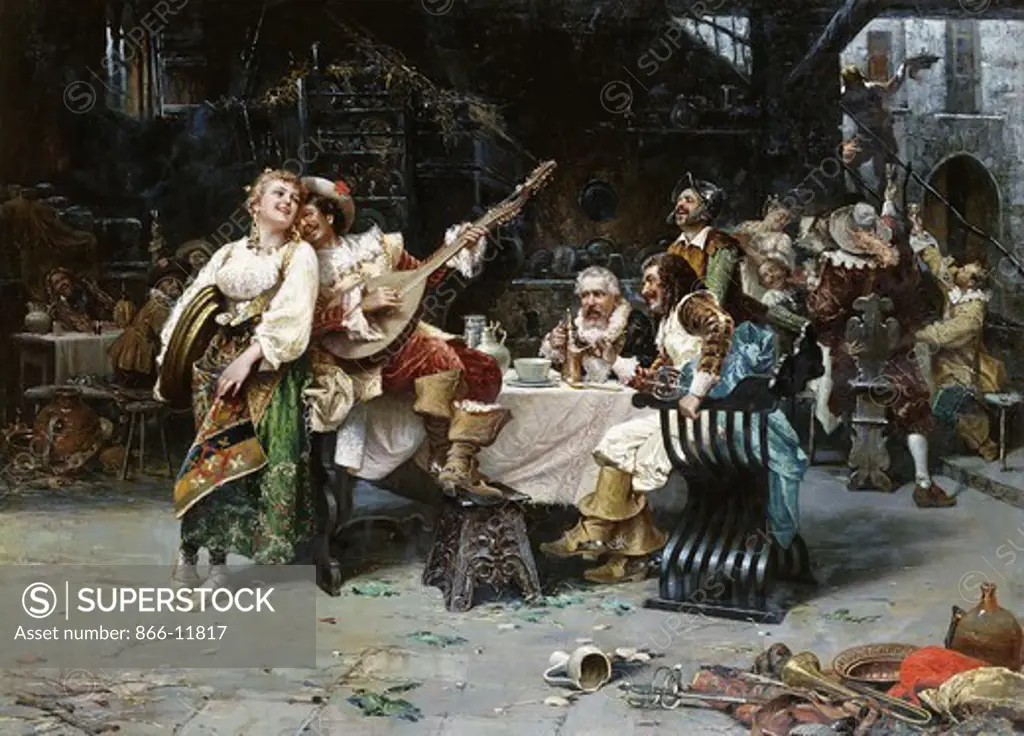 Cavaliers Merrymaking. Raffaele Armenise (1852-1925). Oil on canvas. 62 x 84cm