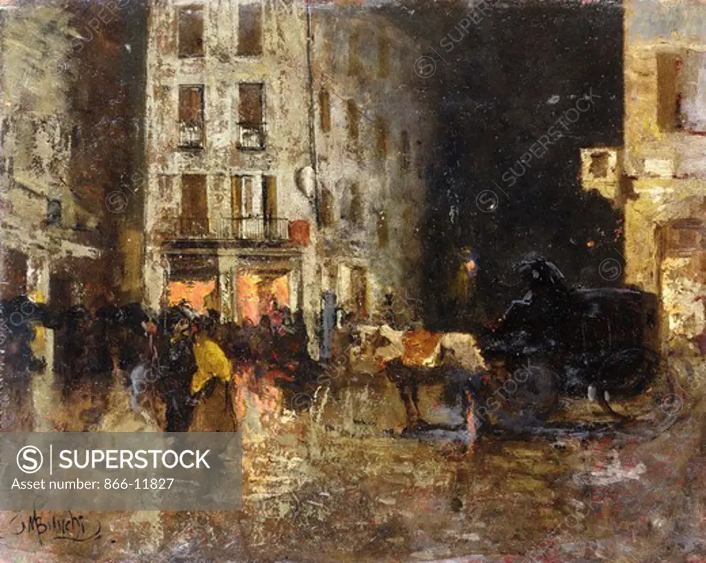 A Street Scene at Night. Mose Bianchi (1840-1904). Oil on panel. 33 x 41cm
