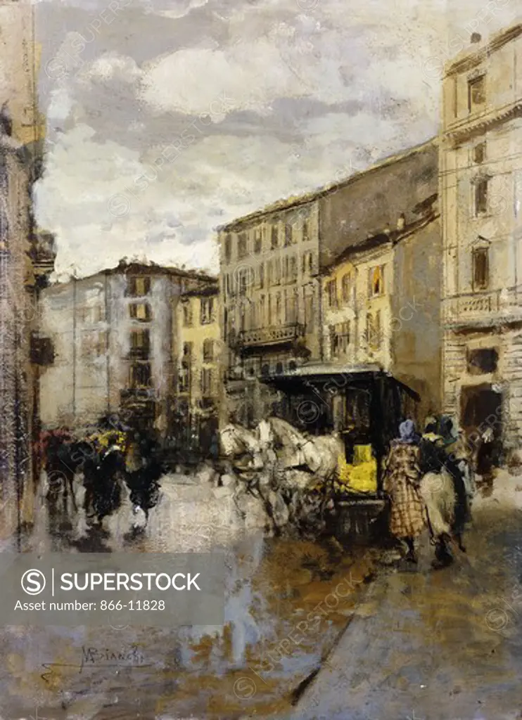 A Street Scene, Milan. Mose Bianchi (1840-1904). Oil on panel. 42.5 x 31cm