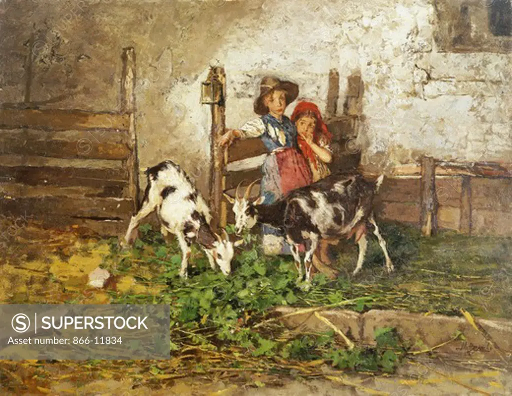 Children and Goats in a Barn. Mose Bianchi (1840-1904). Oil on panel. 47 x 61cm