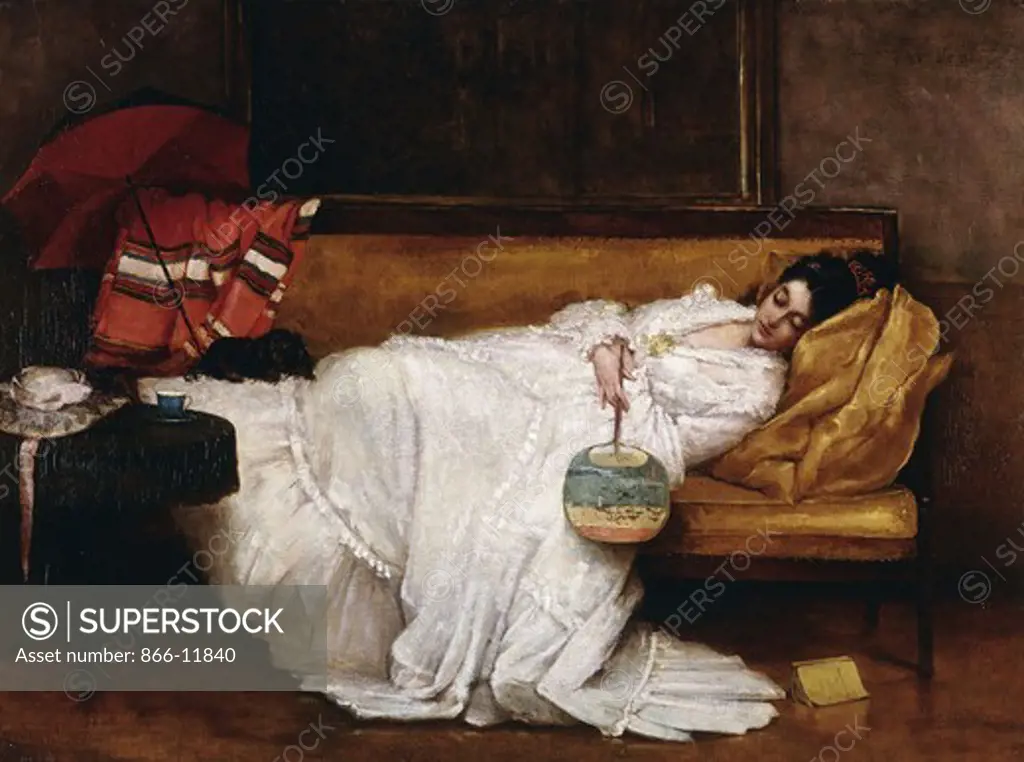 A Girl with a Japanese Fan Asleep on a Sofa. Alfred Stevens (1823-1906). Oil on canvas. 60.3 x 81cm