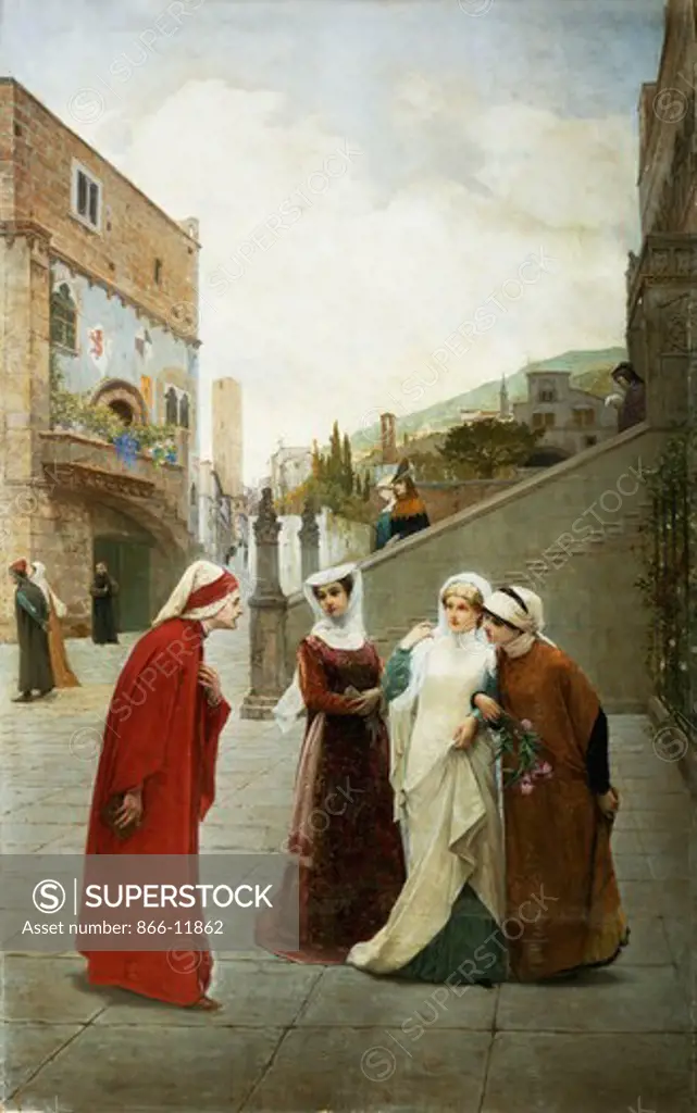 The Meeting of Dante and Beatrice. Lorenzo Valles (1831-1910). Oil on canvas. Signed and dated 1889. 169 x 107cm