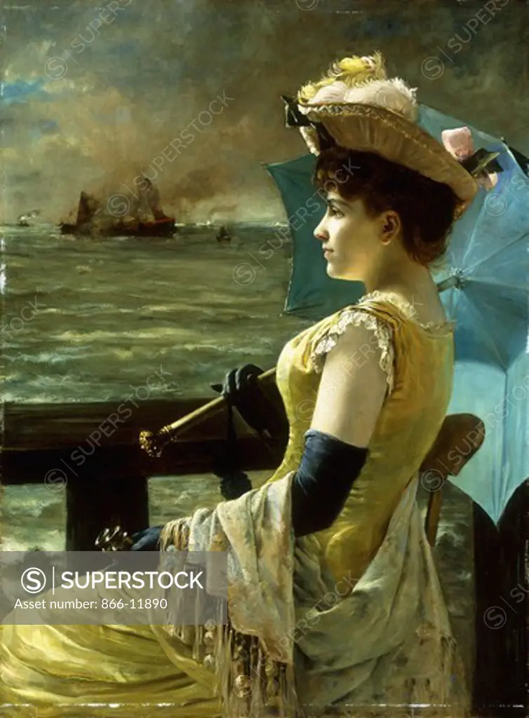 A Lady with a Parasol Looking out to Sea. Alfred Stevens (1823-1906). Oil on canvas. 99 x 73cm