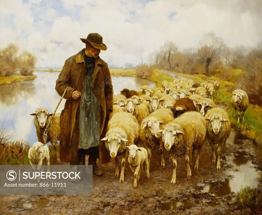 A Shepherd and Sheep by a Lake. Julius Hugo Bergmann (1861-1940). Oil on canvas. 116.8 x 141cm