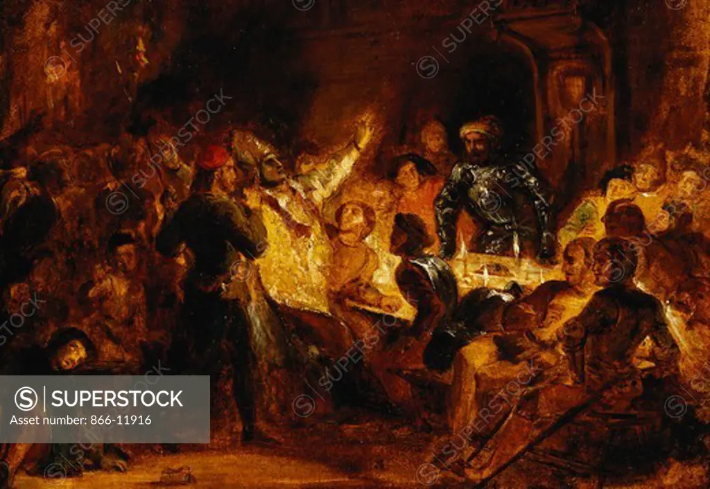 The Murder of the Bishop of Liege. Ferdinand Victor Eugene Delacroix (1798-1863). Oil on paper laid on canvas. 28.5 x 40.5cm. The scene is based on chapter XXII of Sir Walter Scott's novel, 'Quentin Durward'.