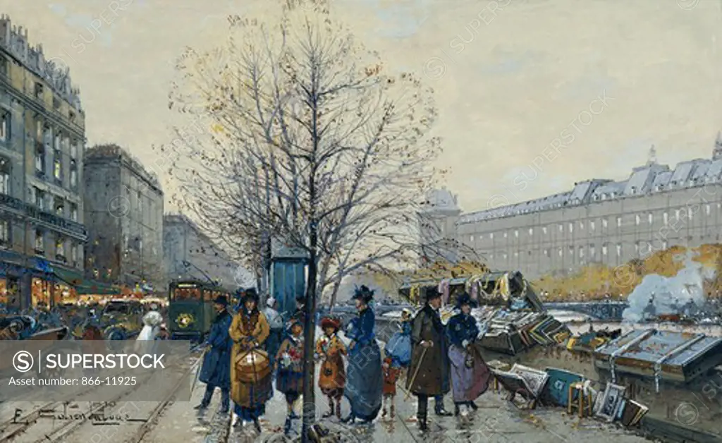 Quai Malaquais, Paris. Eugene Galien-Laloue (1854-1941). Charcoal and bodycolour on paper. 20 x 35cm