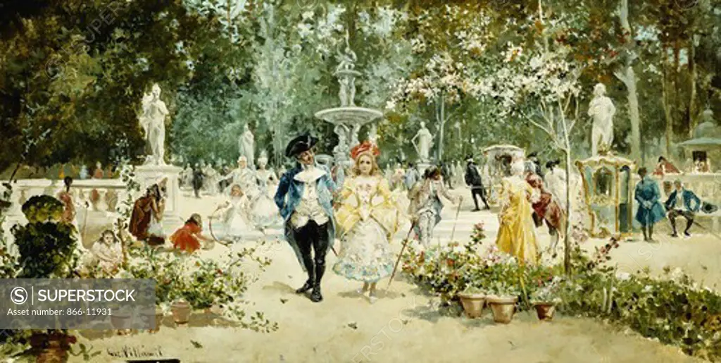 Elegant Couples Promenading in the Gardens of Versailles. Eugenio Lucas Villaamil (1858-1918). Oil on panel. 22.8 x 45cm