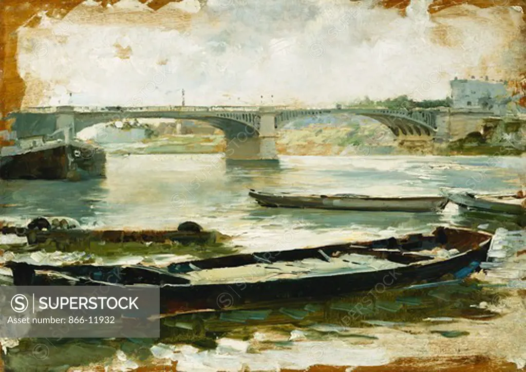 Barges on the Seine, Paris. Ludovico Marchetti (1853-1909). Oil on panel. 61 x 92.7cm.