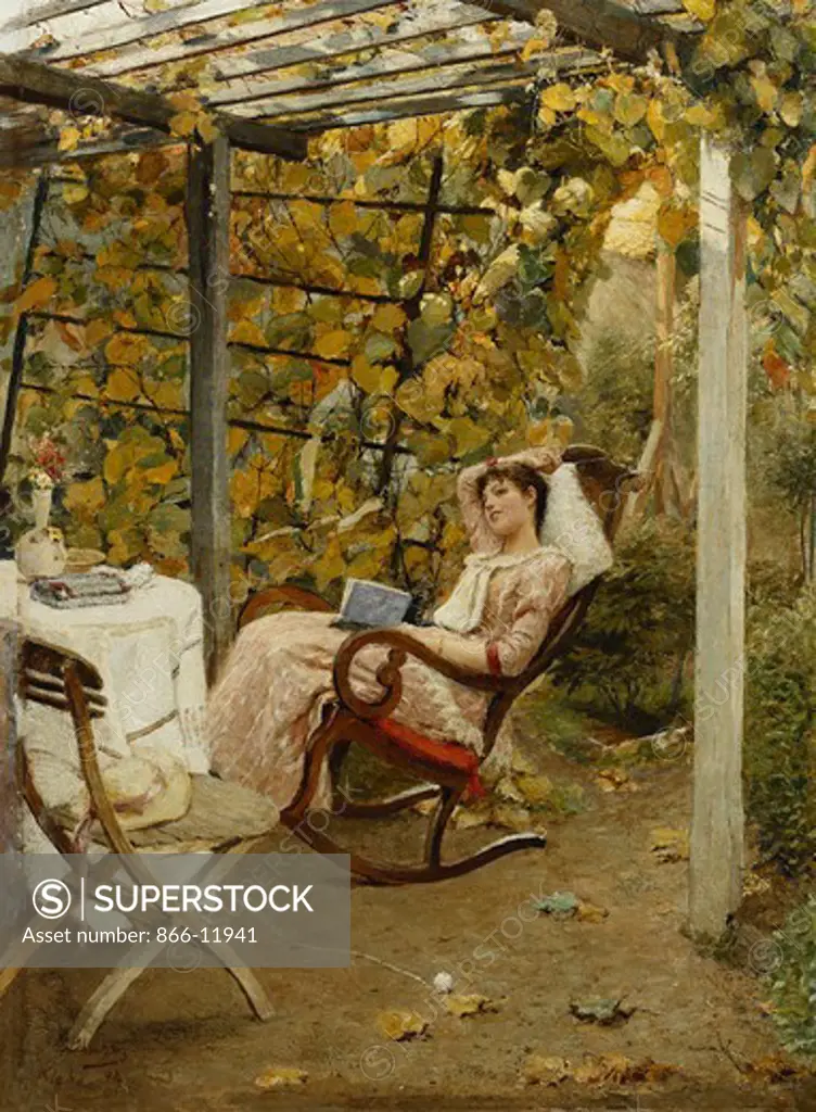 In the Pergola. Oscar Bluhm (active 19th century). Oil on canvas. Signed and dated 1894. 50.8 x 36.8cm.