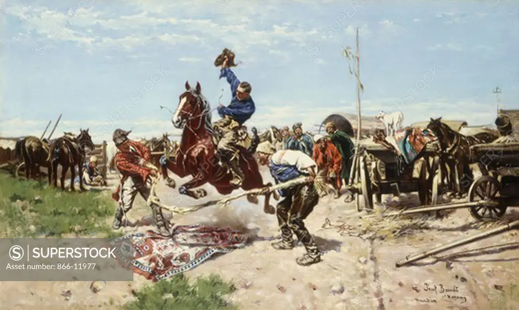 Cossacks at Play. Jozef Brandt (1841-1915). Oil on canvas. Signed and inscribed Monachium-Wargamy. 45.7 x 76.2cm