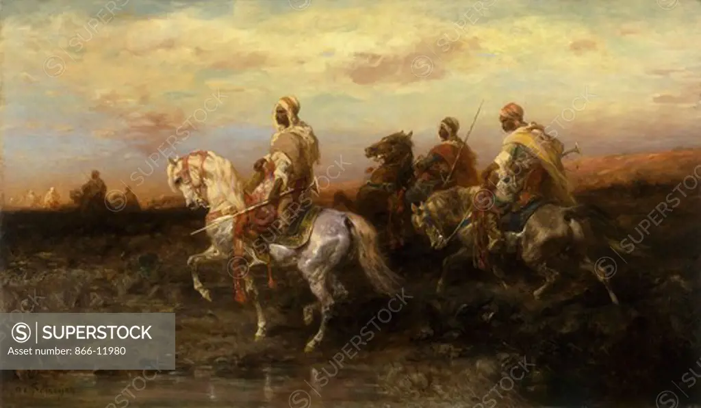 Arab Horsemen. Adolf Schreyer (1828-1899). Oil on canvas. 49.5 x 83.8cm