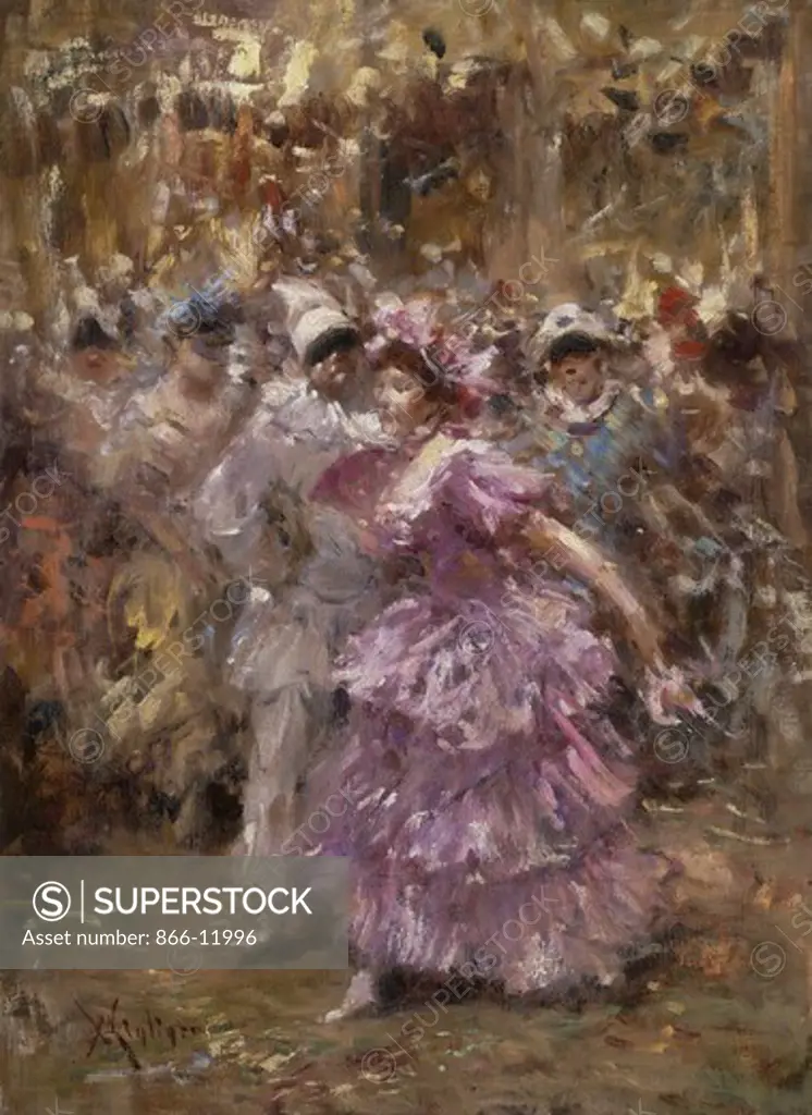The Masquerade Ball. Vincenzo Migliaro (1858-1938). Oil on canvas board. 34.9 x 25.6cm