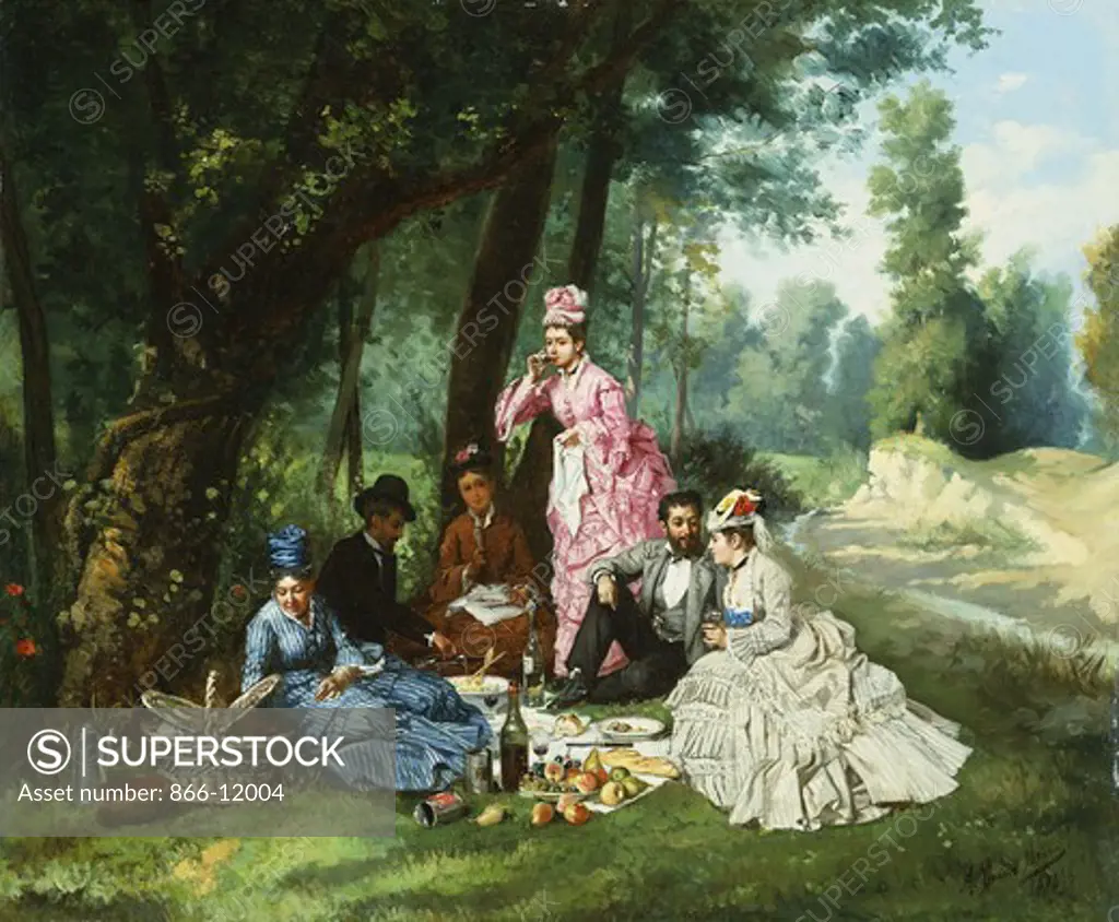 The Picnic. Antonio Garcia Mencia (1858-after 1918). Oil on canvas. Signed and dated 1874. 38.7 x 46.3cm.