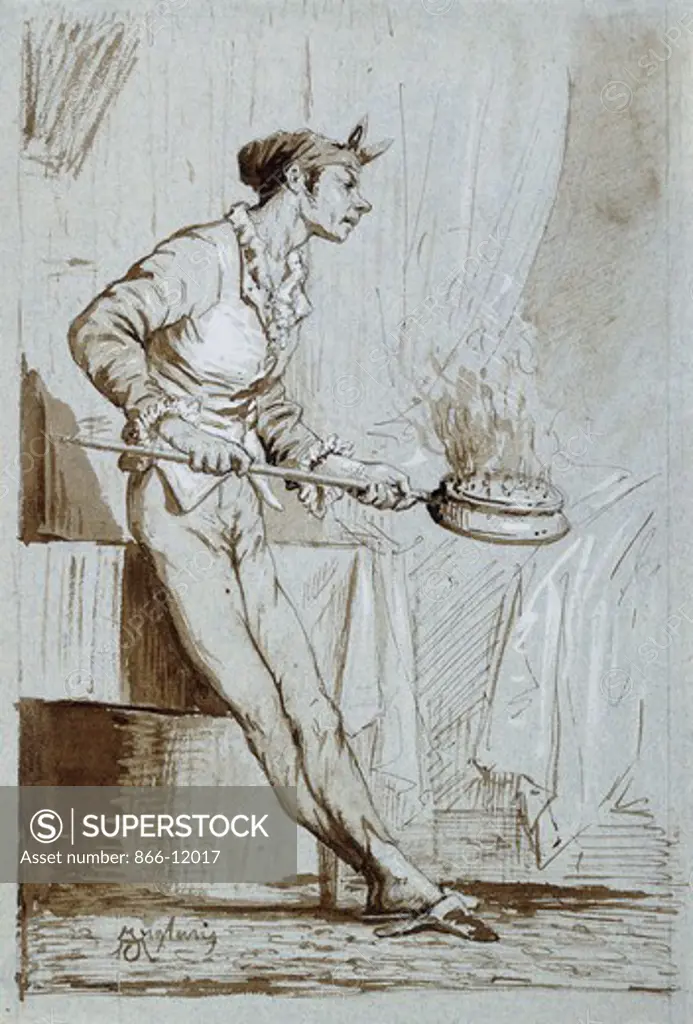 Servant with a Bedwarmer. Mariano Fortuny y Marsal (1838-1874). Pen and brown ink and brown wash on light blue paper. 32 x 29.9cm