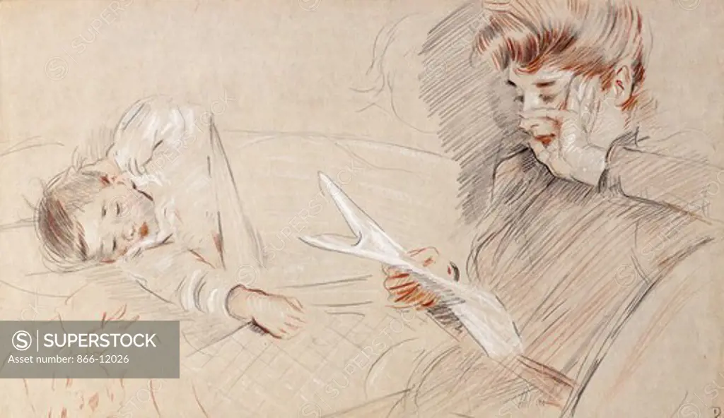 Madame Helleu Reading, with Paulette Lying Beside her on a Sofa. Paul Cesar Helleu (1859-1927). Black, red and white chalk on paper. 30.5 x 53cm