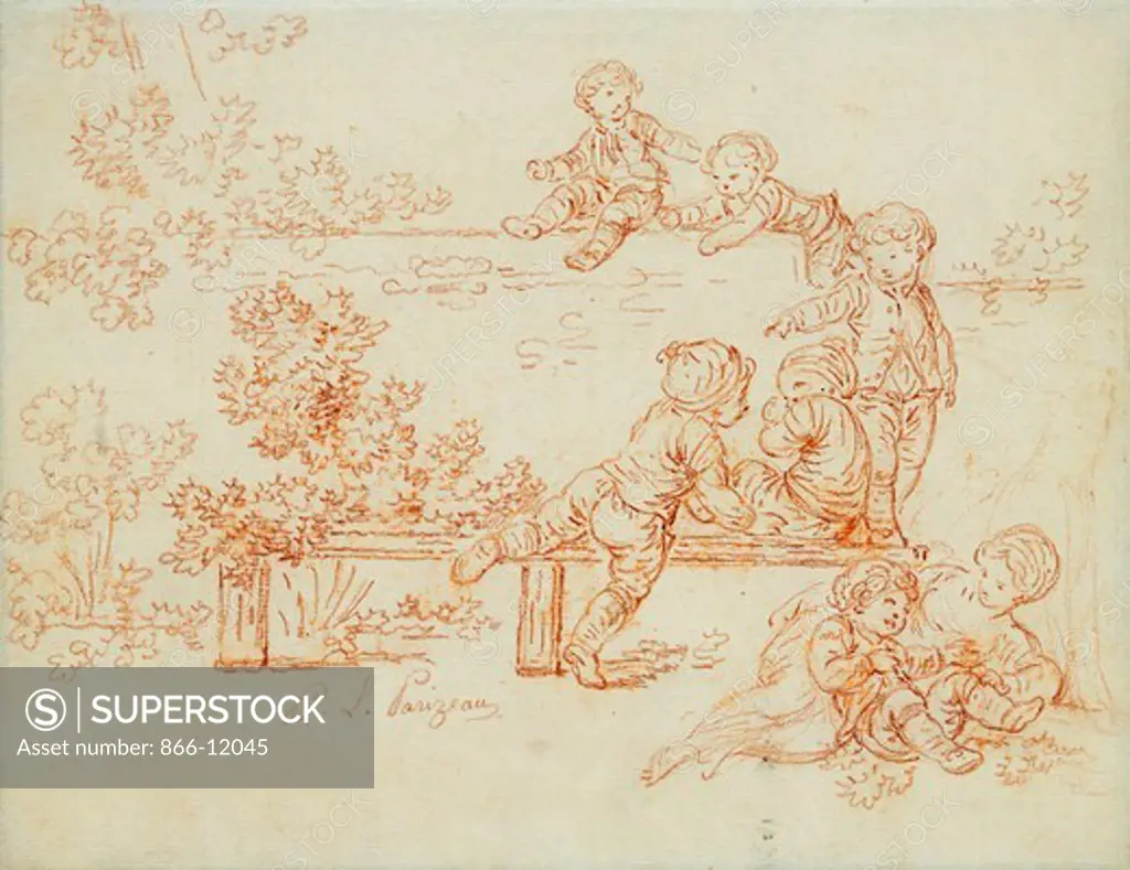Little Boys Playing and Climbing a Wall. Philippe-Louis Parizeau (1740-1801). Red chalk. 17.8 x 22.8cm.