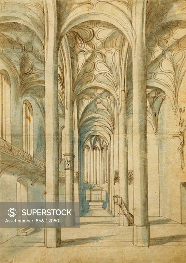 The Interior of a Gothic Church. German School, 16th Century. Black chalk, pen and brown ink, grey and blue wash. Dated 1592. 38 x 26.8cm.