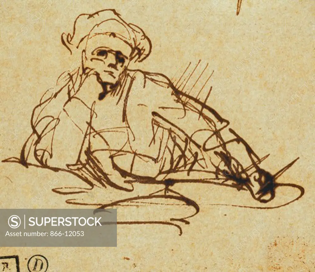 Study of a Writer, Seated, Pausing in Thought. Rembrandt Harmensz. van Rijn (1606-1669). Pen and brown ink. 6.3 x 7.2cm.