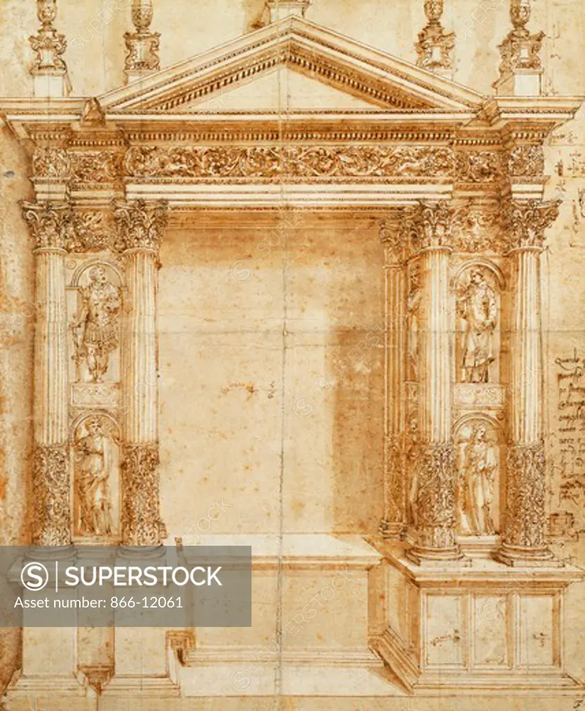 Design for an Altar with a Pedimented Tabernacle Supported on Paired Corinthian Statues of Saint Lucy, Saint Agnes, Saint Ansanus and Saint Stephen in Niches Between These. Baldassare Peruzzi (1481-1536). Black chalk, pen and brown ink, brown wash over perspectival indications with the stylus. 45.2 x 37.6cm.