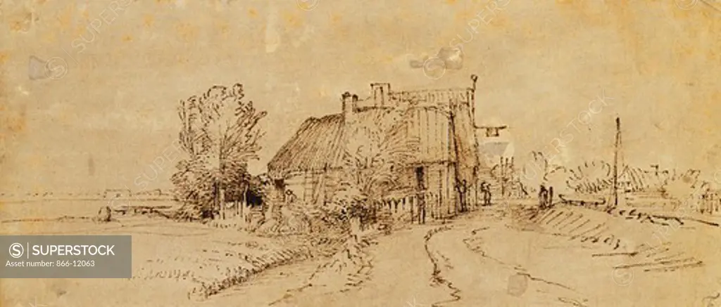 An Inn by a Roadside. Rembrandt Harmensz. van Rijn (1606-1669). Pen and brown ink, brown wash on pale grey preparation. 98 x 22.7cm.