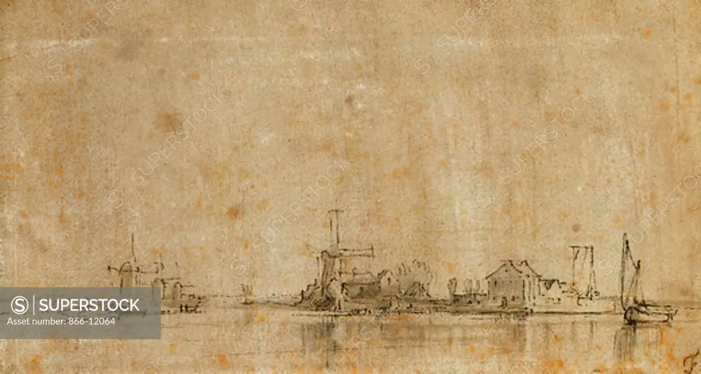 View on the Amstel at the Omval, on the Left the Ringvaart of the Diermermeer (recto). Rembrandt Harmensz. van Rijn (1606-1669). Pen and brown ink, grey wash on grey preparation. 10.8 x 19.7cm.