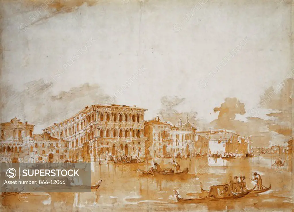 The Grand Canal with the Ca' Pesaro (recto). Francesco Guardi (1712-1793). Black chalk, pen and brown ink, brown wash. 44 x 59.3cm.
