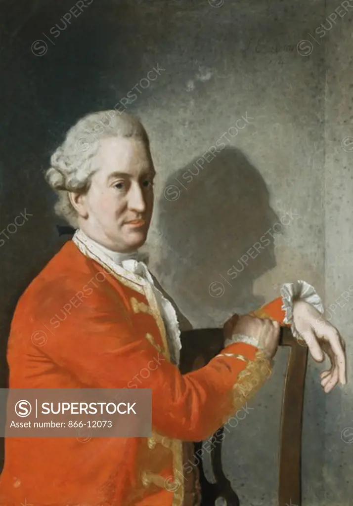Portrait of James Hamilton, 2nd Earl of Clanbrassil, Half Length, in a Red Coat, Seated in a Mahogany Chair, His Profile Cast in Shadows on the Wall Behind. Jean-Etienne Liotard (1702-1789). Pastel. Dated  1774. 85.5 x 61.5cm.
