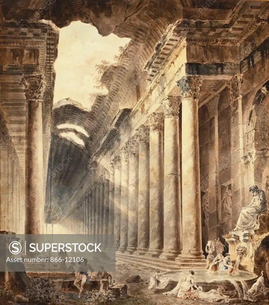 A Colonnaded Thermal Building, the Roof Partly Open to the Sky, with Girls Washing Clothes at a Fountain Below a Statue. Hubert Robert (1733-1808). Pencil, pen and black ink and watercolour, with touches of white heightening. 77.5 x 68.6cm.