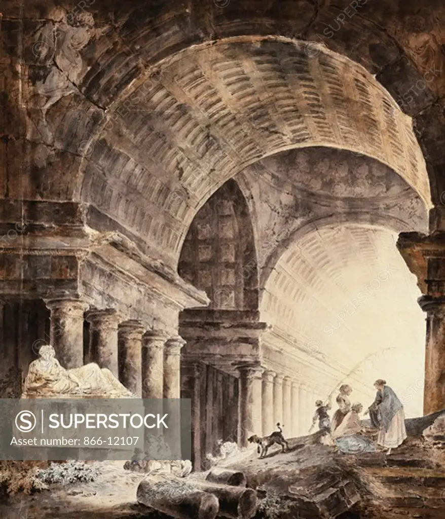 A Great Cross-Vaulted Building, with Women and Children and a Dog by Broken Columns. Hubert Robert (1733-1808). Pencil, pen and black ink and watercolour heightened with white. 78.8 x 67.4cm.