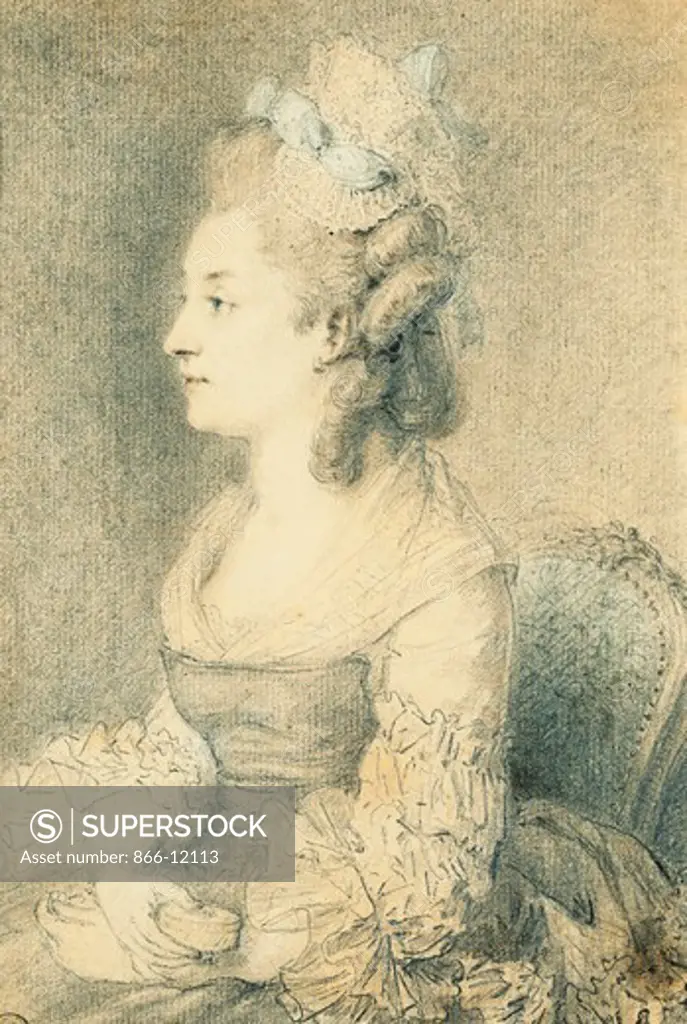 Portrait of the Artist's Wife (nee Louise Nicole Godeau), Seated, Half Length, Turned to the Left, Holding a Snuff-Box. Augustin de Saint-Aubin (1736-1807). Pencil and touches of red chalk and watercolour. 19.9 x 13.8cm.