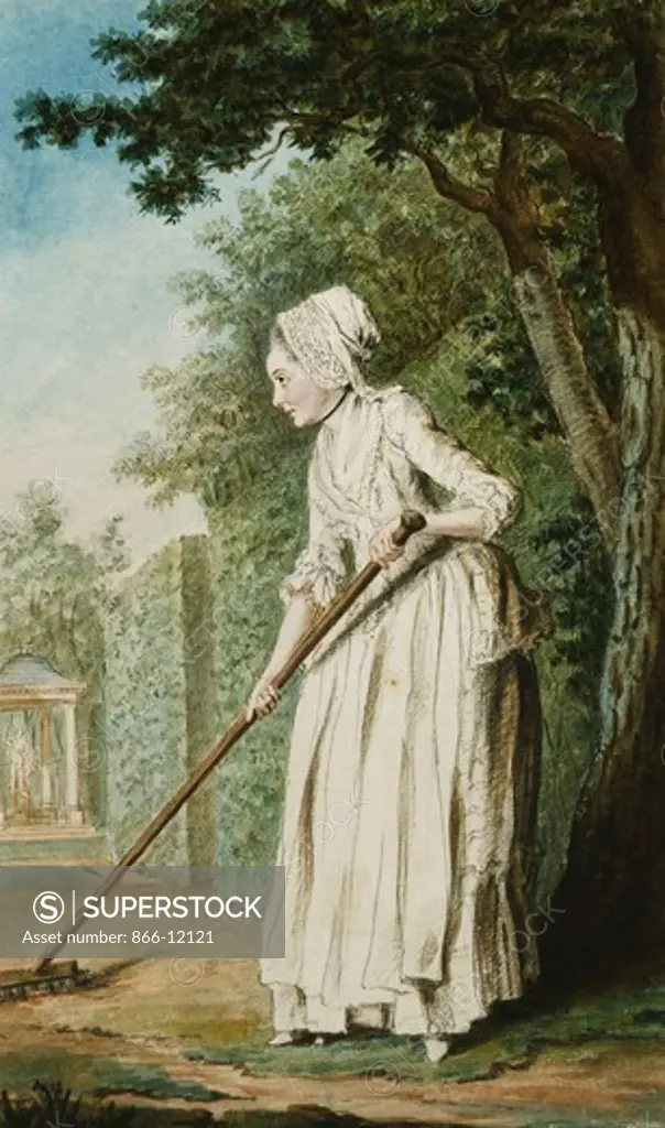 The Duchess of Chaulmes, as a Gardener in an Allee. Louis de Carmontelle (1717-1806). Black lead, red chalk, watercolour. Dated 1771. 31.7 x 19cm.