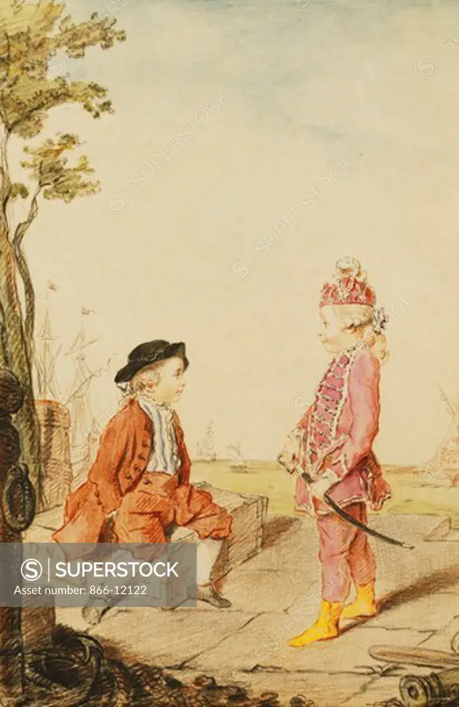 The Two Youthful de Neuville Brothers, on a Quay. Louis de Carmontelle (1717-1806). Black lead, red chalk, watercolour heightened with white. Dated 1767. 27.9 x 17.7cm. These two children were the sons of Neuville, the Fermier General.