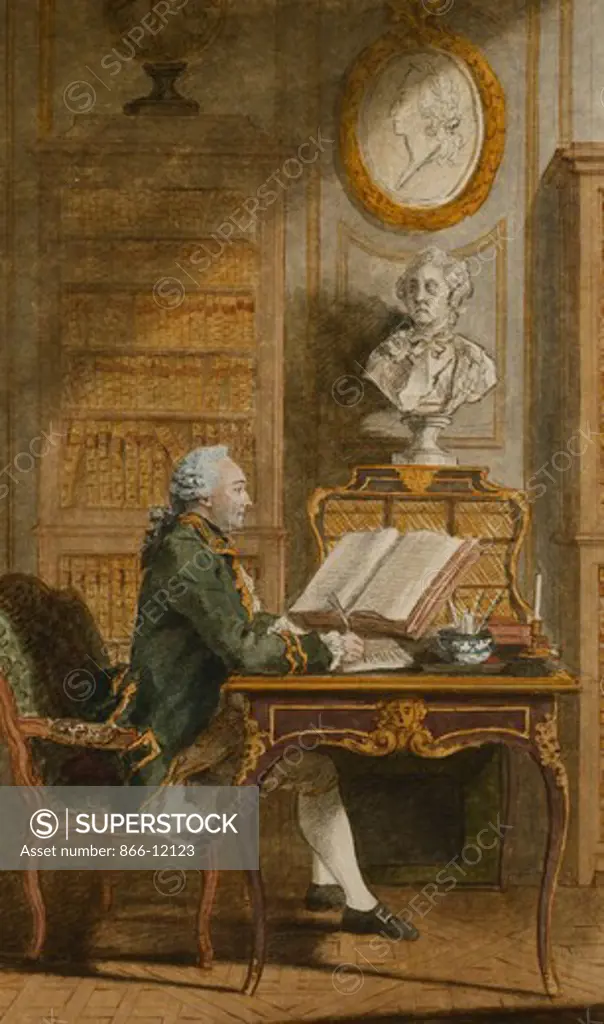 Monsieur de Cormainville in His Library, Writing at His Desk. Louis de Carmontelle (1717-1806). Black lead, red chalk, watercolour heightened with white. 30.3 x 18cm. Louis Mathieu de Vaucresson de Cormainville (1715-1798) was the son of Francois Guillaume Martin, sieur de Vaucresson, and Louise de la Porte.