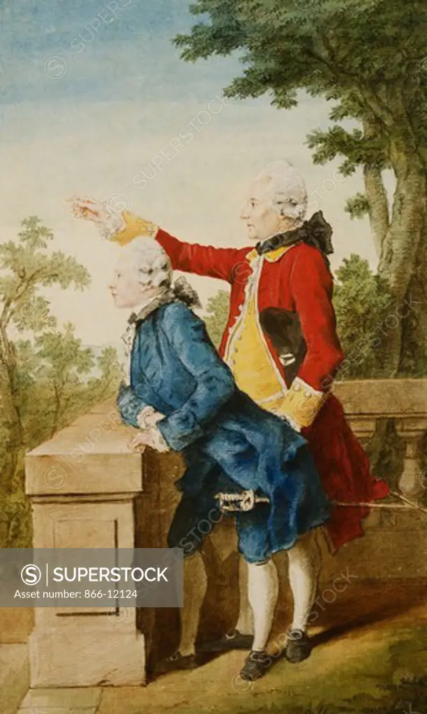 The Prince of Saxe-Gotha with His Tutor, Baron d'Hel...on a Terrace. Louis de Carmontelle (1717-1806). Black lead, red chalk, watercolour heightened with white. Dated 1768. 32.8 x 19.8cm. Possibly a portrait of Prince Ernst II Ludwig of Saxe-Gotha (1745-1804), whoe ruled from 1772, or his younger brother Prince August (1747-1806).