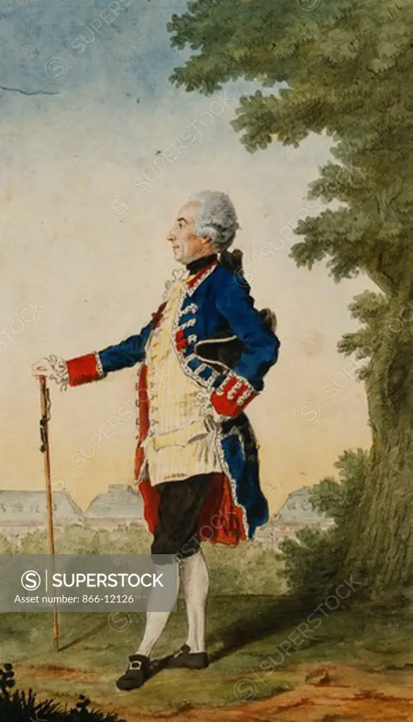 The Baron de Bombelles in the Tuileries. Louis de Carmontelle (1717-1806). Black lead, red chalk, watercolour heightened with white. Dated 1765. 30.8 x 18cm. Baron Joseph Henri de Bombelles (1721-1783) was the son of Henri Francois de Bombelles and Marie Francoise Suzanne de Rasse.