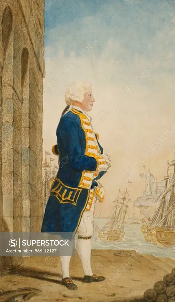 The Duke of York on a Quay in a Flag Officer's Uniform. Louis de Carmontelle (1717-1806). Black lead, red chalk, watercolour heightened with white. Dated 1768. 30.1 x 17.6cm.