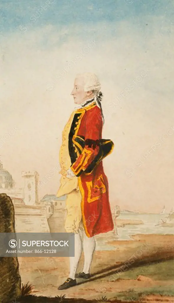 Colonel Morrison Possibly in the Uniform of the Royal Engineers, a Fortified Town Behind. Louis de Carmontelle (1717-1806). Black lead, red chalk, watercolour. Dated 1768. 30 x 17.7cm.  George Morrison (ca. 1704-1799) who was appointed equerry to Edward, Duke of York, in 1764 and attended him on his journey to France in 1767.