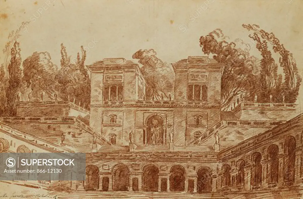 The Villa Farnese, Rome. Hubert Robert (1733-1808). Red chalk. 37.3 x 55.7cm.