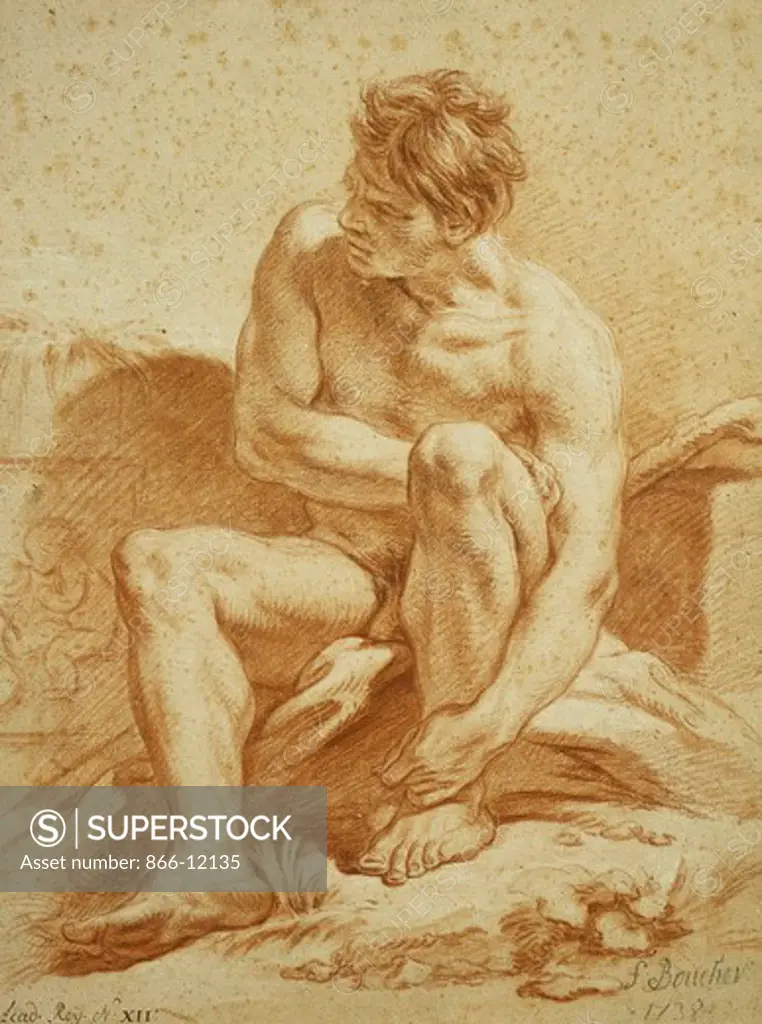 A Seated Nude with a Staff, a Relief with Putti to the Left. Francois Boucher (1703-1770). Red chalk and wash, white chalk on buff paper. Dated 1738. 48.9 x 37.3cm.