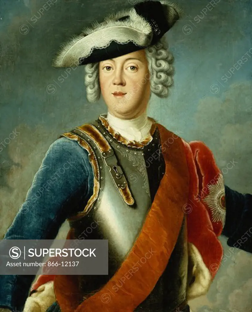Portrait of a Gentleman, Said to be August William, Half Length, Wearing a Blue Jacket, White Shirt, and Armour Breast Plate. Studio of Antoine Pesne (1683-1757). Oil on canvas. 80 x 65cm. August William was the brother of Frederick II, King of Prussia.