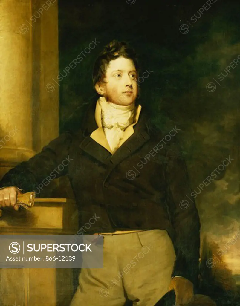Portrait of a Gentleman, Standing, Three-Quarter Length, Wearing a Brown Jacket with White Jabot, in a Landscape. William Hilton II (1786-1839). Oil on canvas. 127 x 101.5cm.