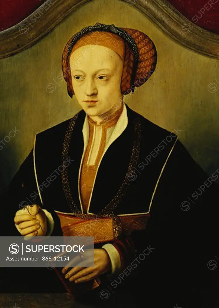 Portrait of a Lady Said to be Princess Sybille of Cleve, Half Length, Wearing a Black Costume, Gold Chain, and an Elaborate Headdress, Holding a Book and a Rose Bud. Bartholomaeus Bruyn the Elder (1493-1555). Oil on panel. 48.2 x 35.5cm.